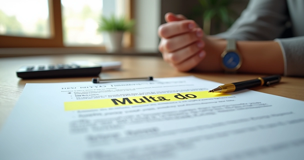 Imagem de um documento de contrato de aluguel com destaque em uma cláusula de multa. 