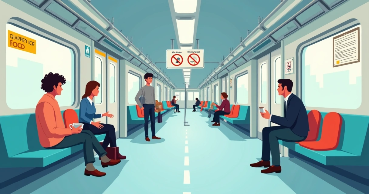 Ilustração de passageiro com café no metrô diante de aviso de multa