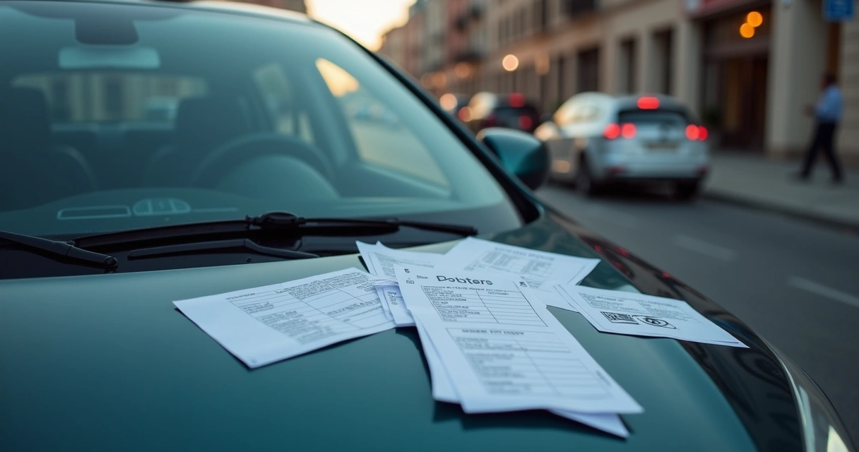 Multas exibidas junto ao documento vencido de um carro estacionado 