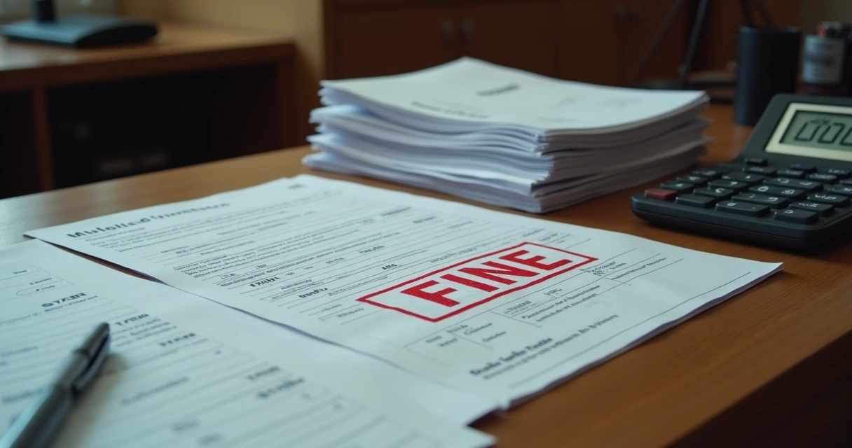 Pilha de documentos fiscais, carimbos de multa e uma calculadora, ilustrando riscos fiscais 