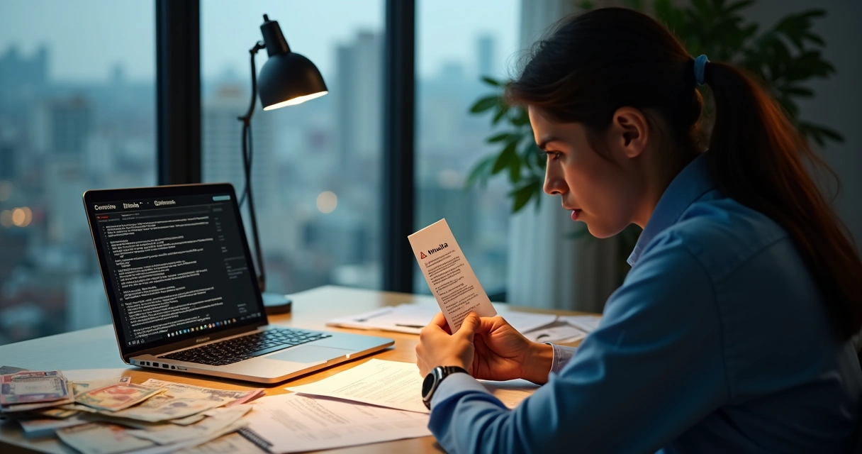 Pessoa analisando documentos fiscais preocupada 