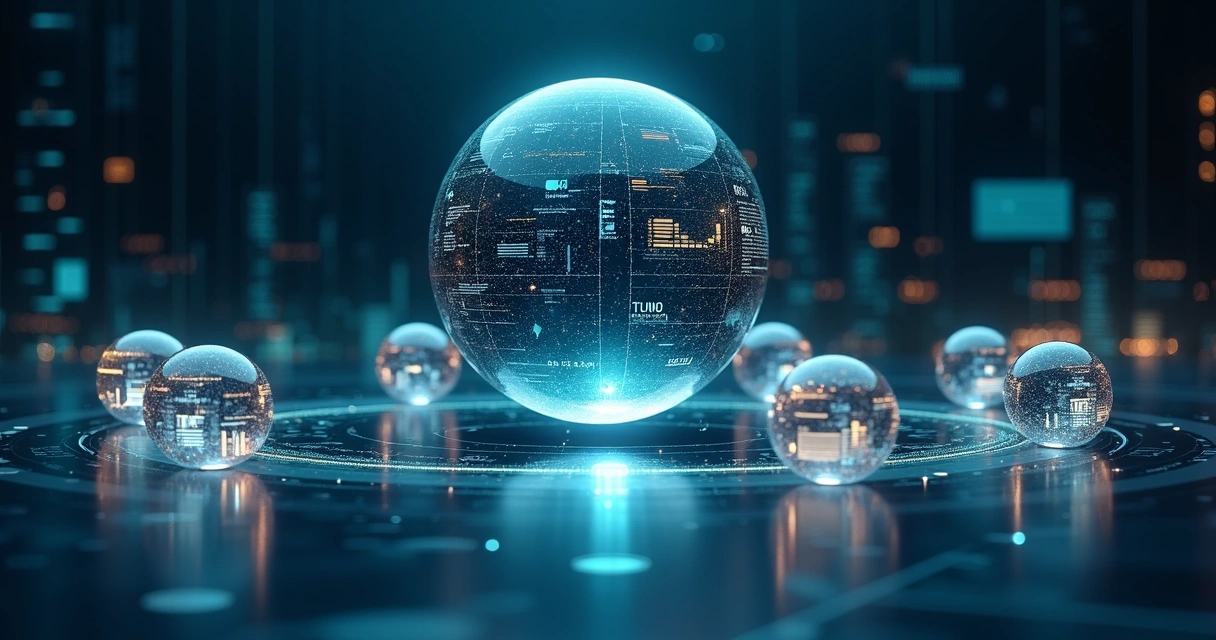 Abstract financial interface with multiple asset icons orbiting a central portfolio hub 