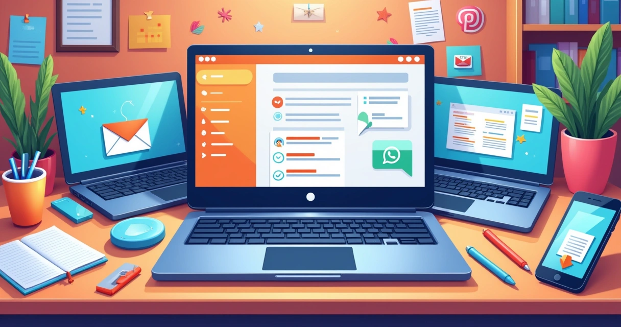 Representação visual de vários dispositivos mostrando e-mails, WhatsApp e planilhas lado a lado