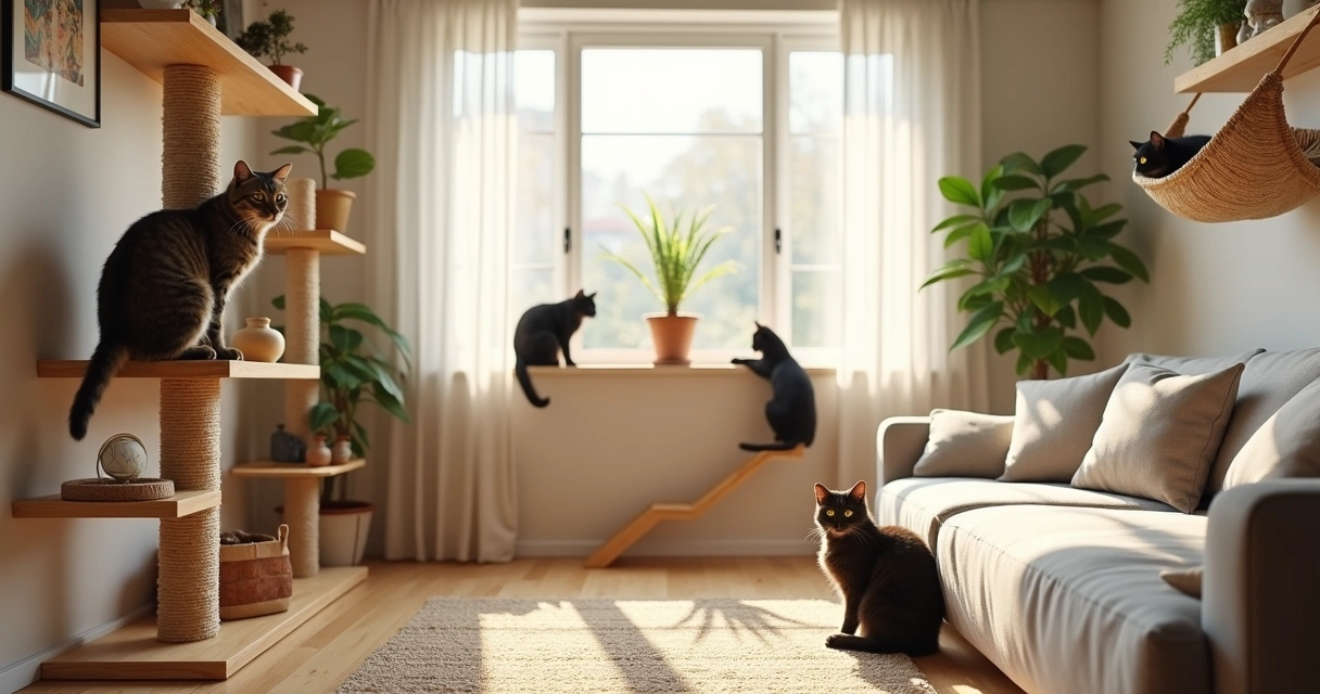 Two cats exploring vertical enrichment spaces in a cozy living room 