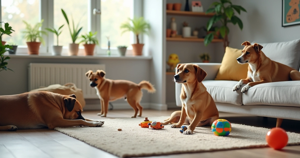Two bored dogs in a living room while a third dog plays with puzzle toys 