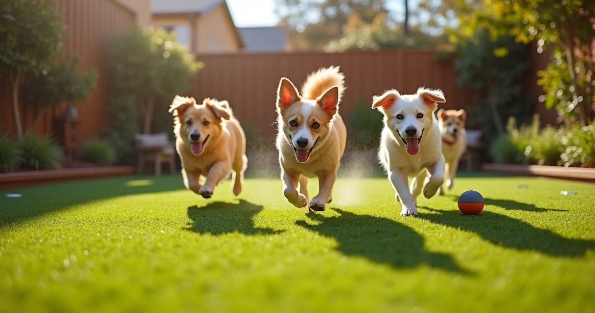 Dogs playing together on lush artificial turf in daylight 