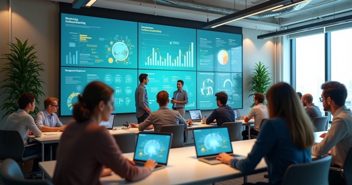 Equipes diversas em ambiente de tecnologia e gráficos digitais 