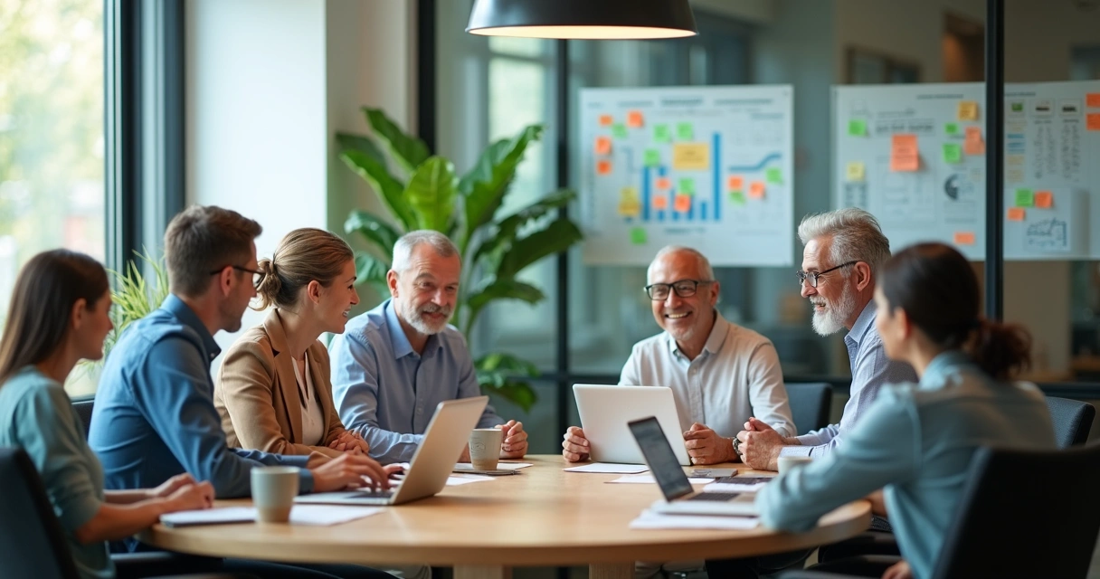Multigenerational team in a workplace meeting with notes on a glass wall 