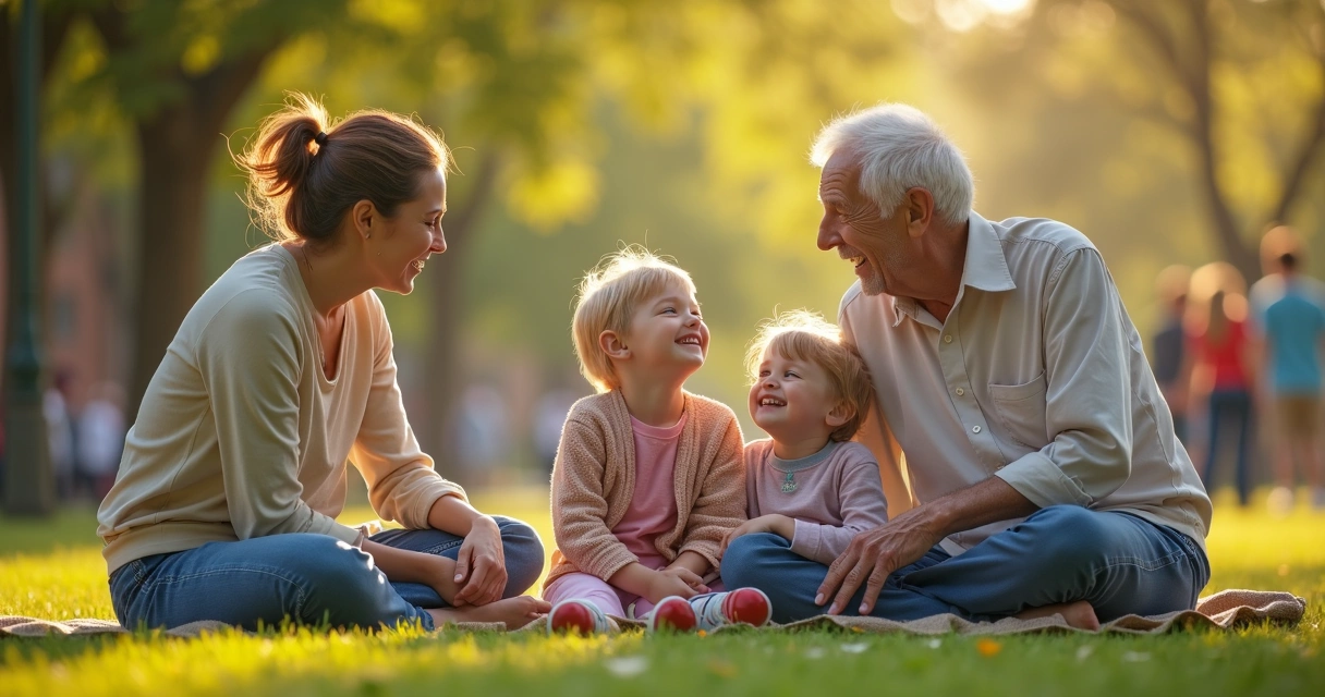 Multi-generational family talking and smiling outdoors with a sense of connection 