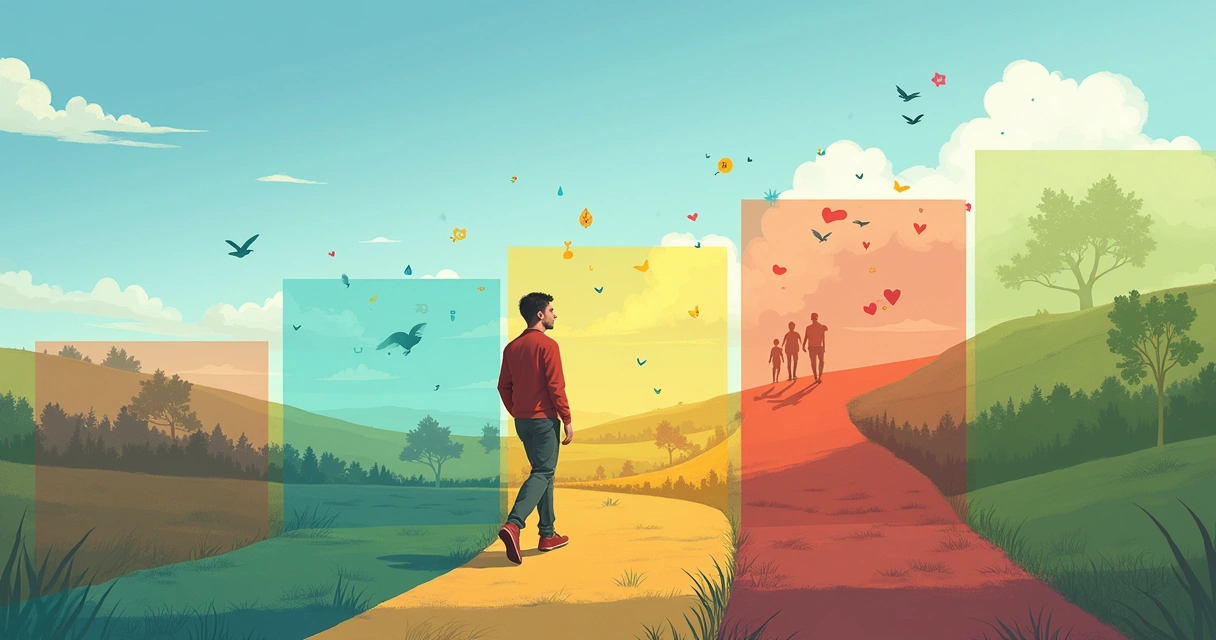 Illustration of a person on a path with sections representing senses, emotions, thoughts, relationships, and meaning 
