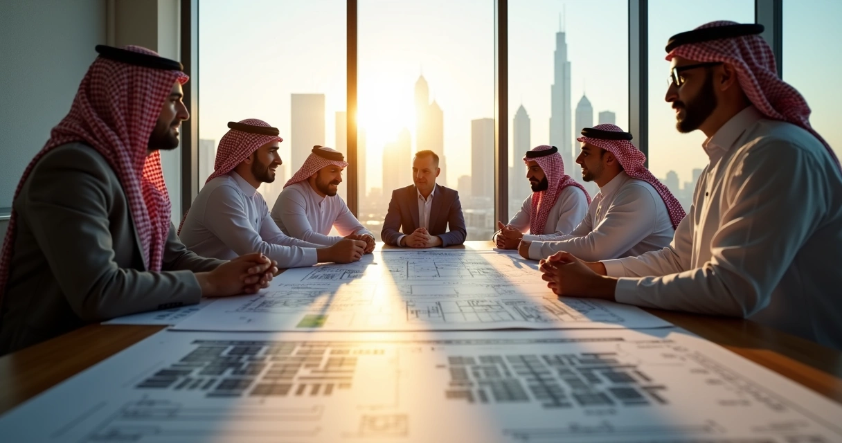 Global team at a solar project meeting in Riyadh. 