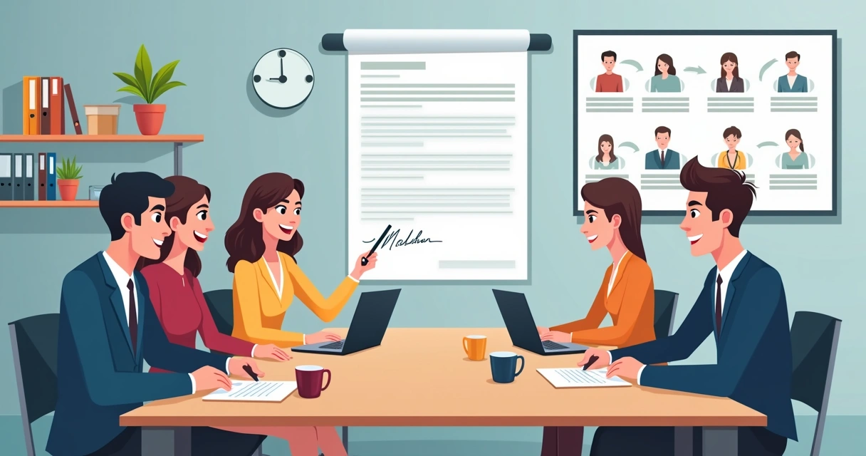 Team reviewing document with multiple digital signature fields on screen 