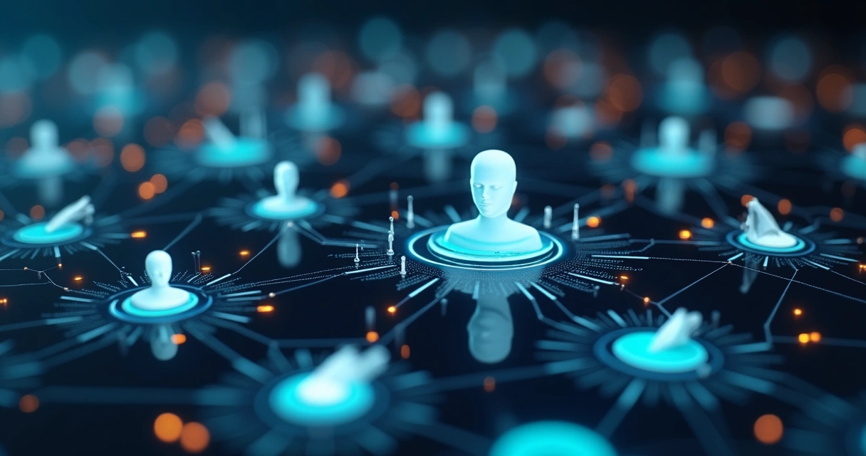 Painel digital mostrando colaboração entre múltiplos sistemas inteligentes 