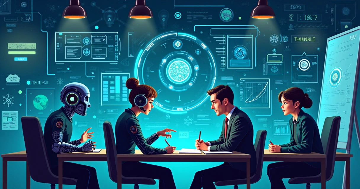 Grupos de agentes digitais colaborando em um ambiente de trabalho tecnológico para resolver problemas complexos.
