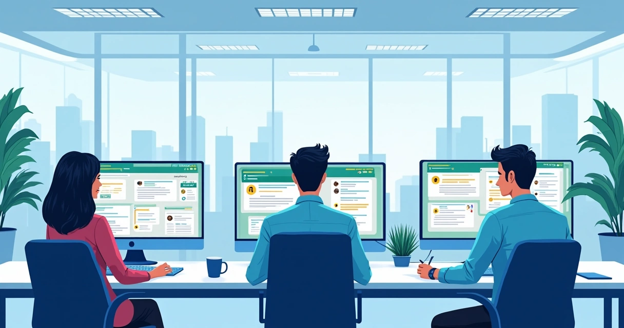 Equipe de atendimento ao cliente trabalhando em telas organizadas de WhatsApp