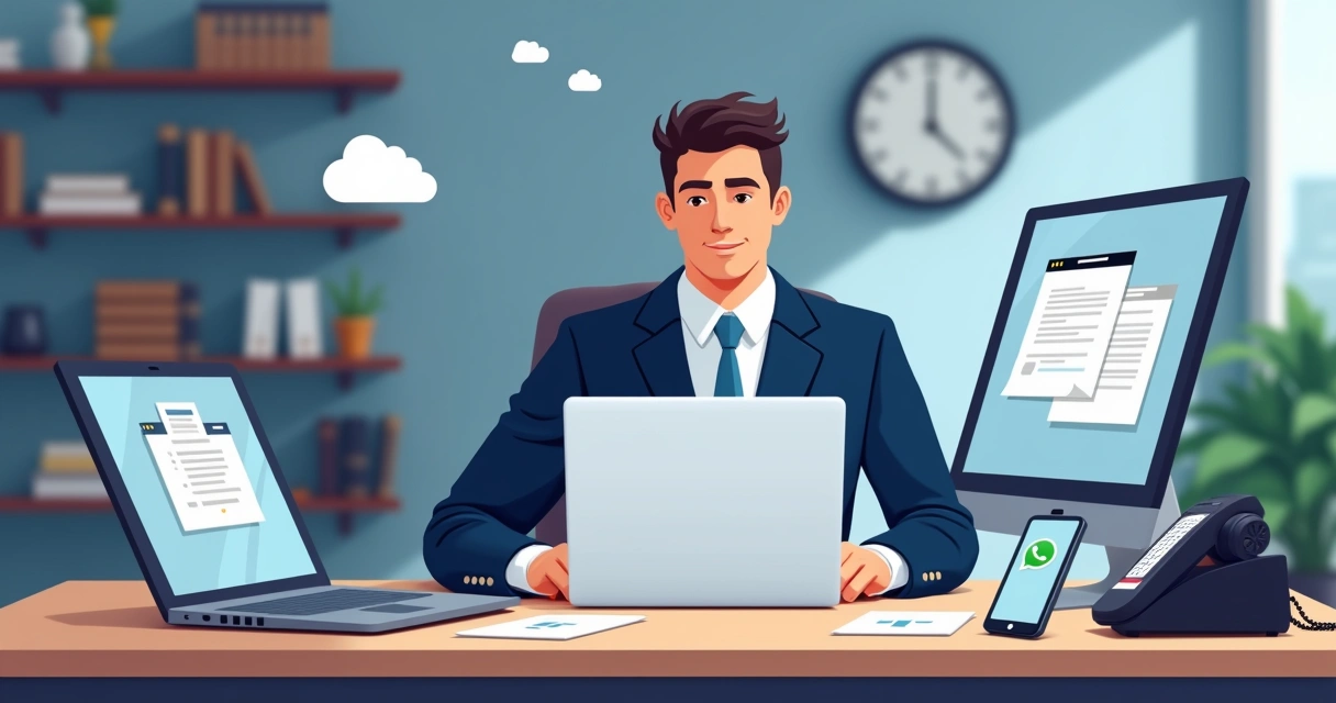 Advogado em mesa cercado de vários aparelhos digitais 