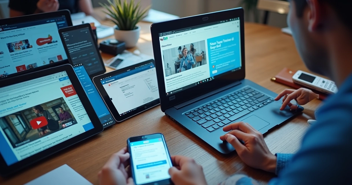 Vários dispositivos mostrando redes sociais, blog e YouTube ao mesmo tempo