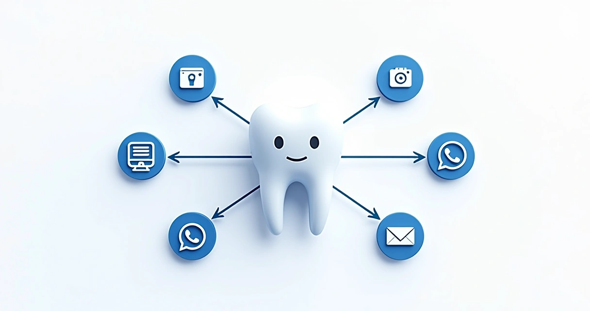 Diversos canais digitais conectados por setas no centro com logotipos de site, blog, redes sociais e WhatsApp.