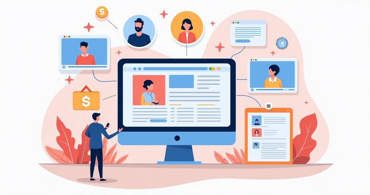 Ilustração de diferentes canais digitais integrados e curso online ao centro