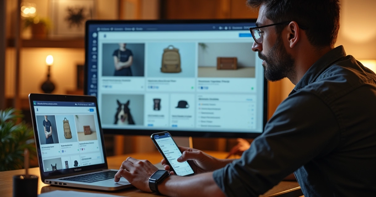 Empreendedor usando notebook e smartphone exibindo múltiplos canais de vendas