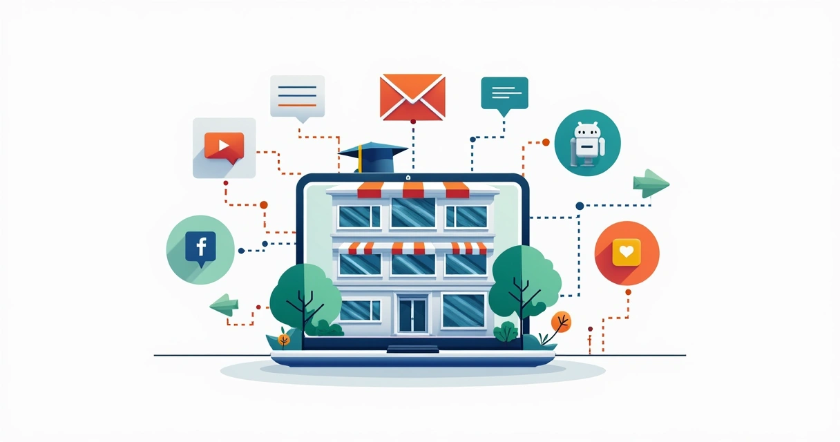 Diversos canais digitais conectados a um pequeno negócio 