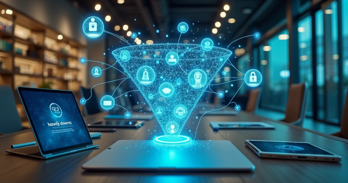 Vários dispositivos conectando canais digitais e físicos de vendas B2B. 