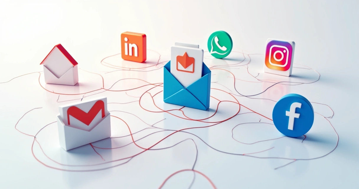 Representação de canais digitais: redes sociais, e-mail e WhatsApp integrados