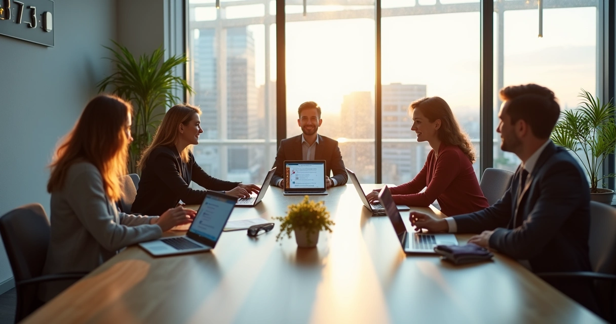 Equipe em sala com vários dispositivos de comunicação