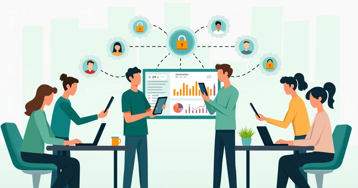 Ilustração de integração entre times de marketing e vendas multicanal com painel de governança 