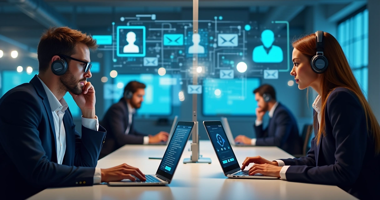 Equipe de vendas usa telefone, e-mail e computador para contactar clientes 