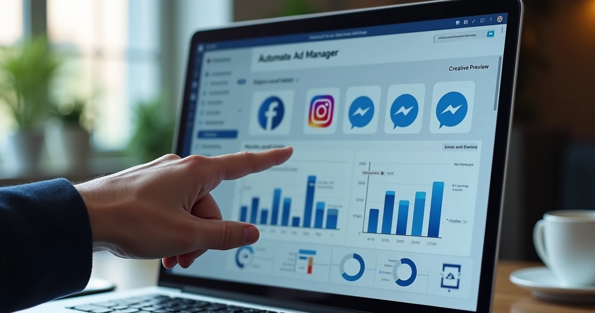 Ad manager dashboard with Facebook, Instagram, Messenger icons, automating creative generation. 