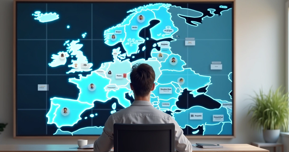Marketer analyzing a map of Europe with color-coded regions, digital ads and audience icons overlayed