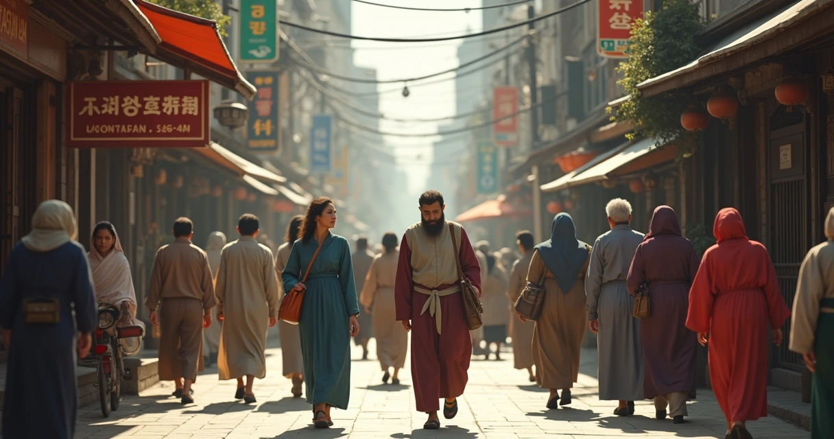 Busy street with people from different cultures walking in a multicultural city setting