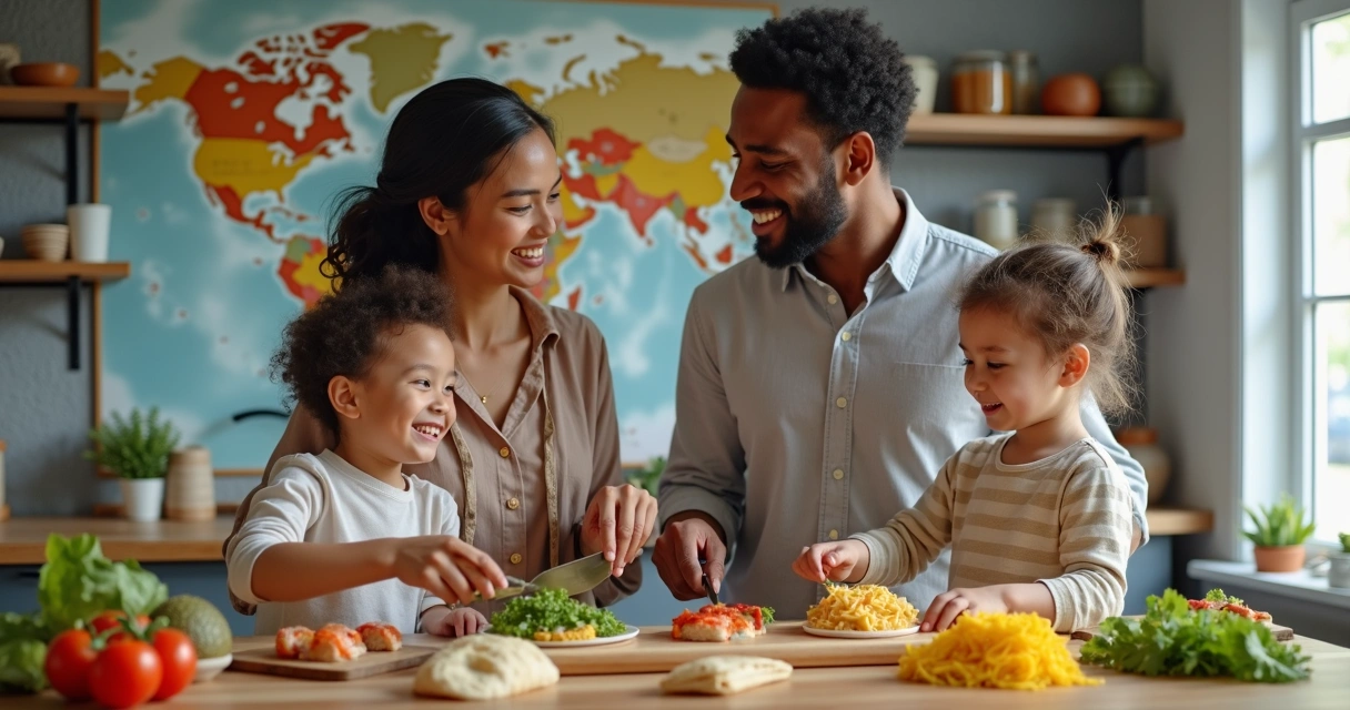 Multicultural family cooking together in a bright kitchen 