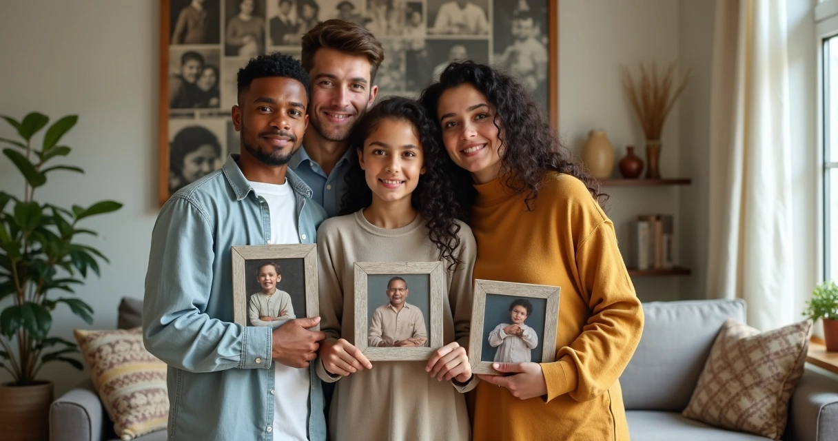 Multicultural family standing together holding layered family photos 