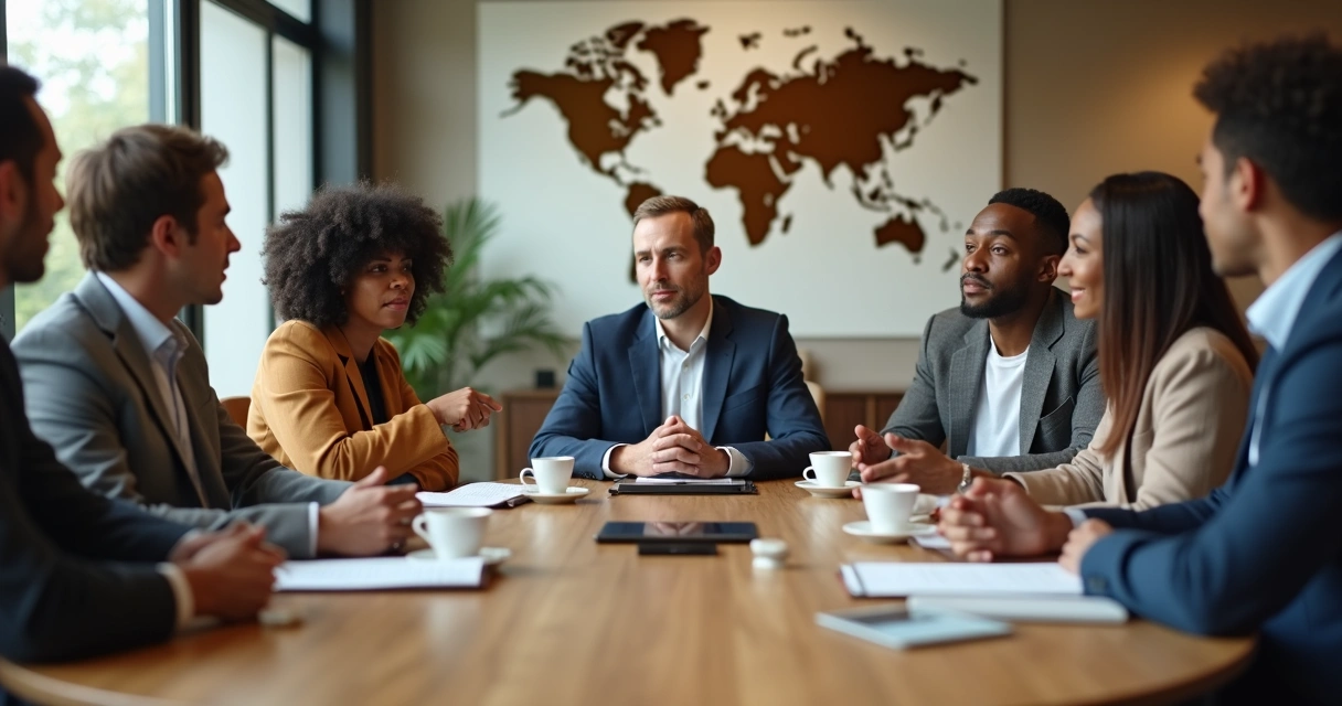 Group in a multicultural meeting listening around a table 