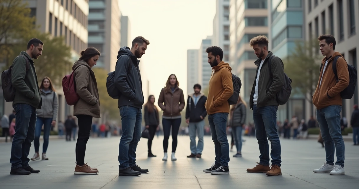 People of different backgrounds standing in a subtle line, some slightly turned away from the center, muted expressions, urban public space