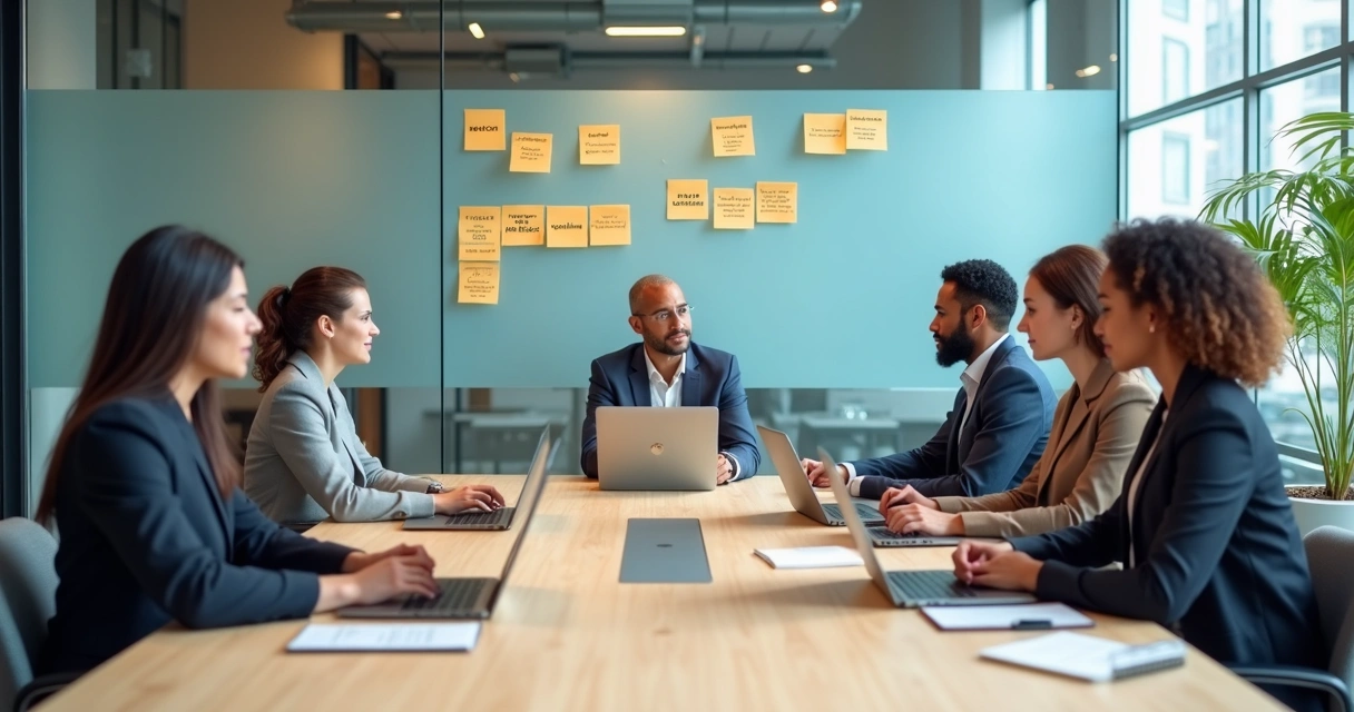 Multicultural team in a meeting with notes on values