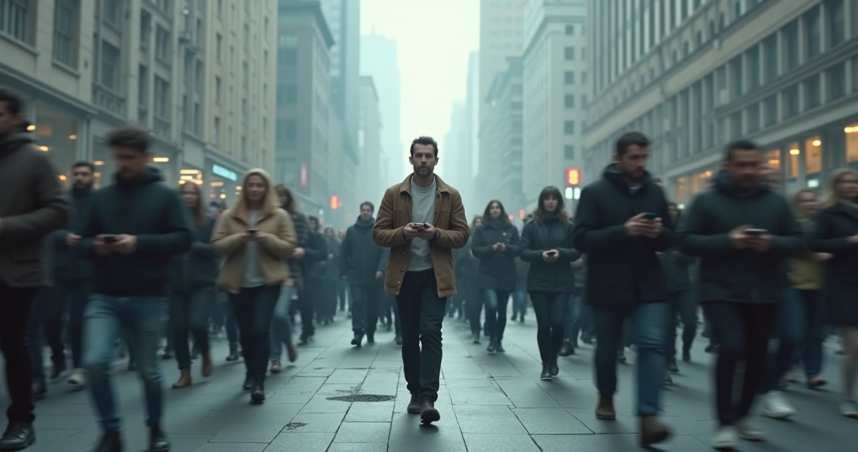 Multidão em cidade cinza com uma pessoa colorida parada refletindo 