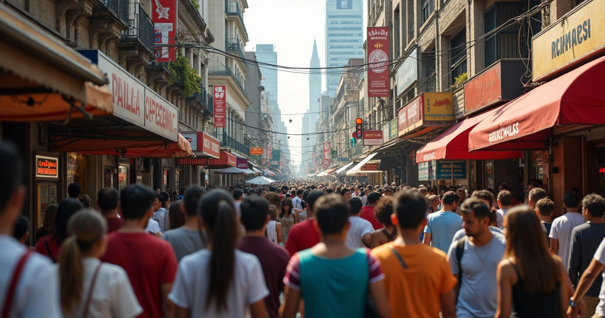 Multidão colorida com pessoas de diferentes origens étnicas caminhando em rua urbana nas Américas 