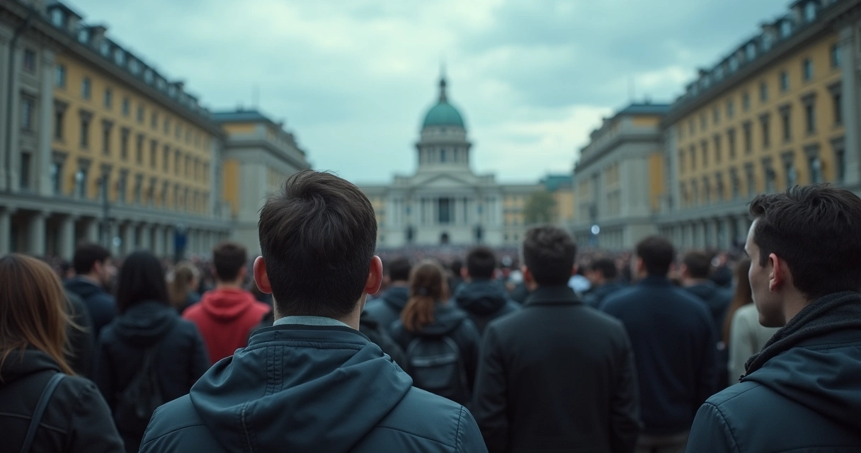 Multidão com expressões de preocupação e alerta 