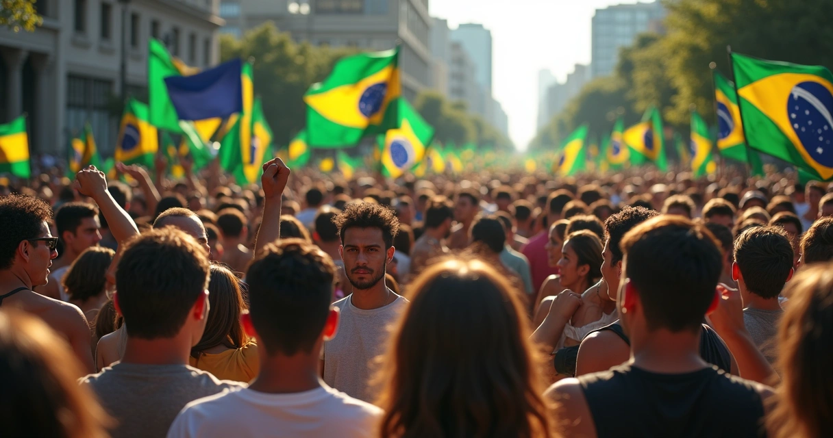 Multidão brasileira em avenida vista de cima com expressões emocionais contrastantes 