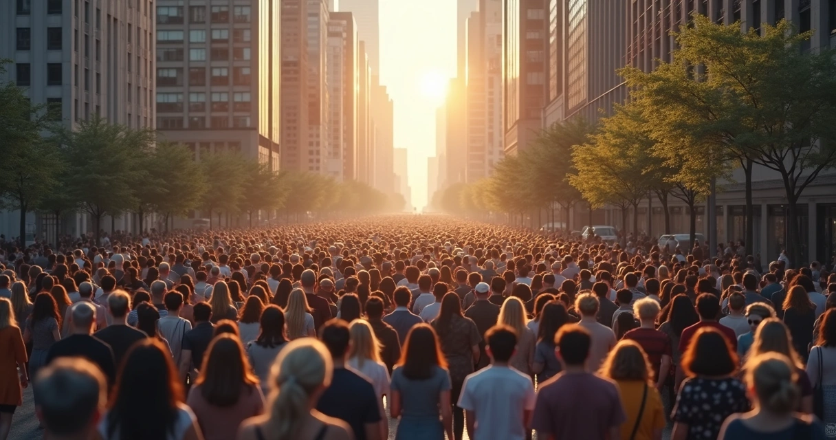 Multidão caminhando junta em uma grande avenida 