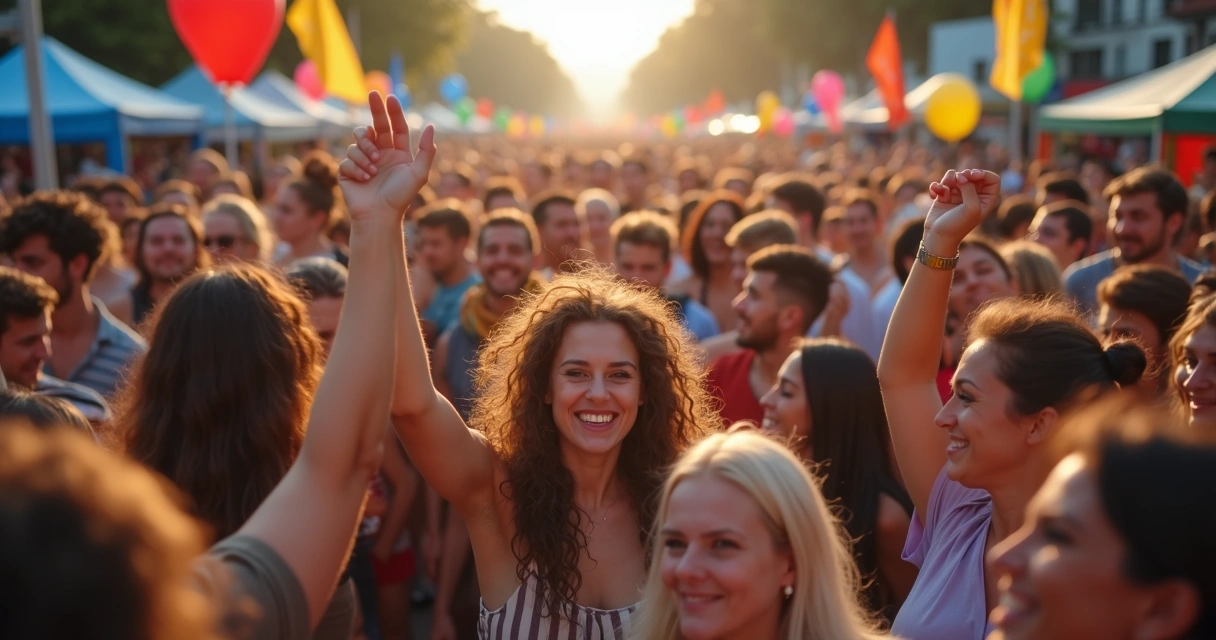 Multidão com expressões felizes em um evento coletivo