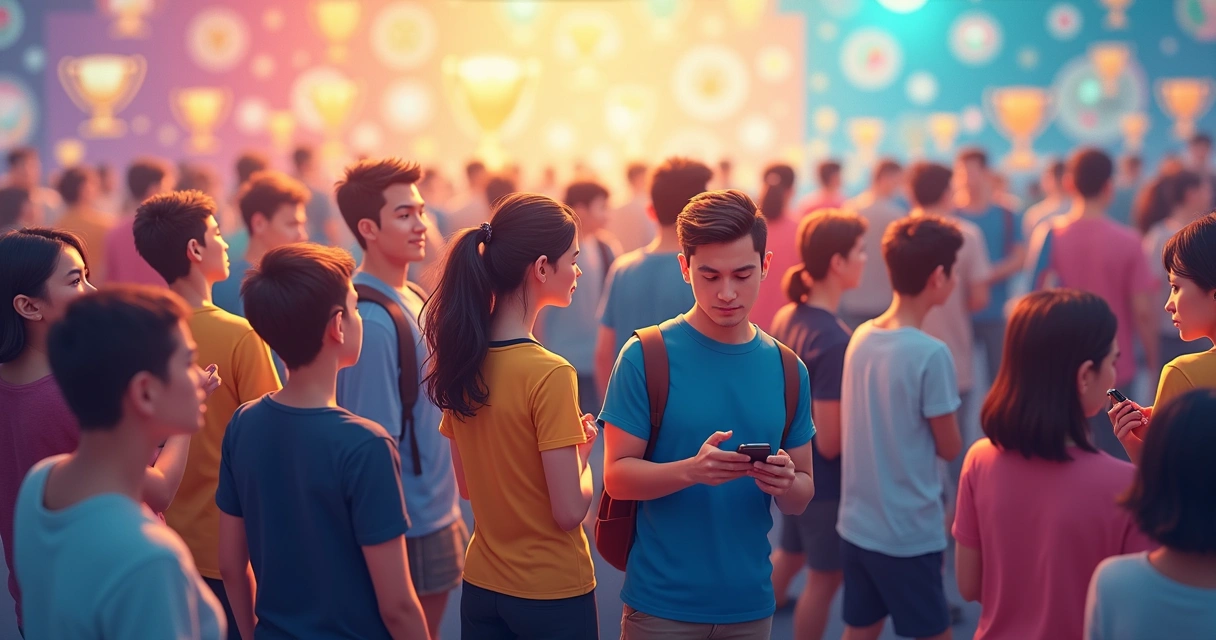 Pessoas em multidão olhando em diferentes direções, algumas com telefone na mão. 