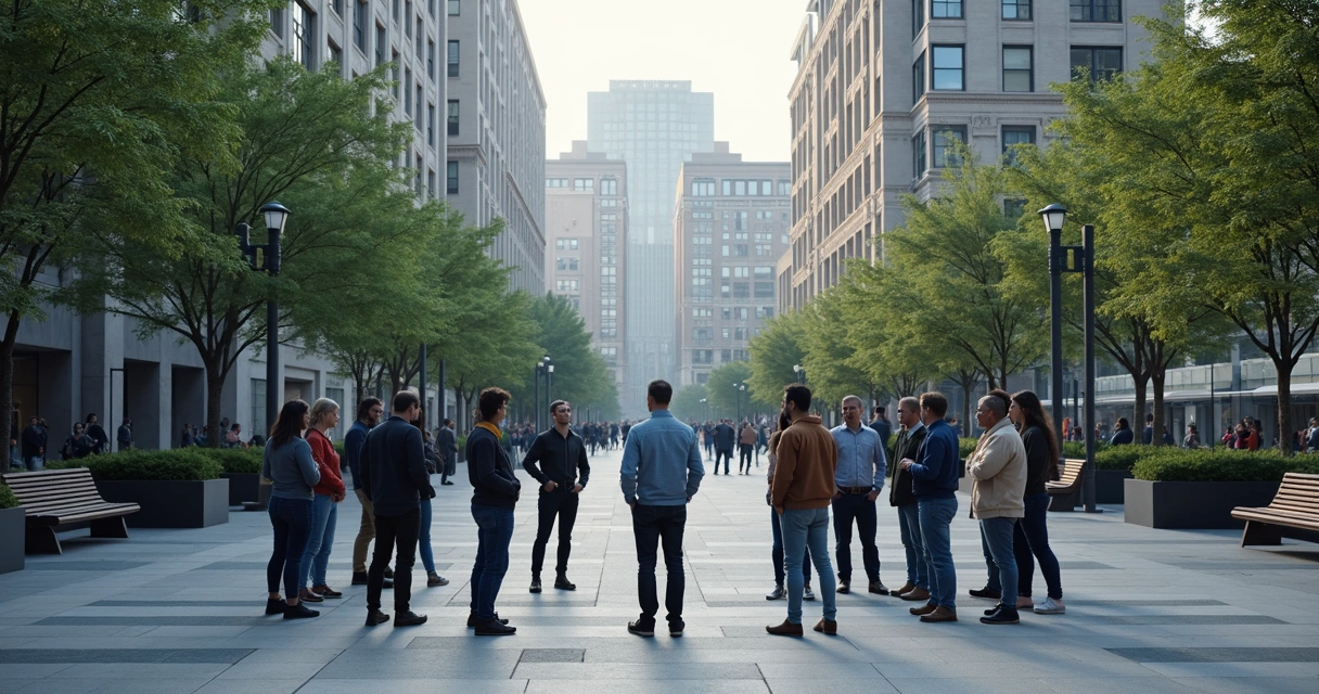 Grupo diverso conversando em praça urbana com clima de cooperação