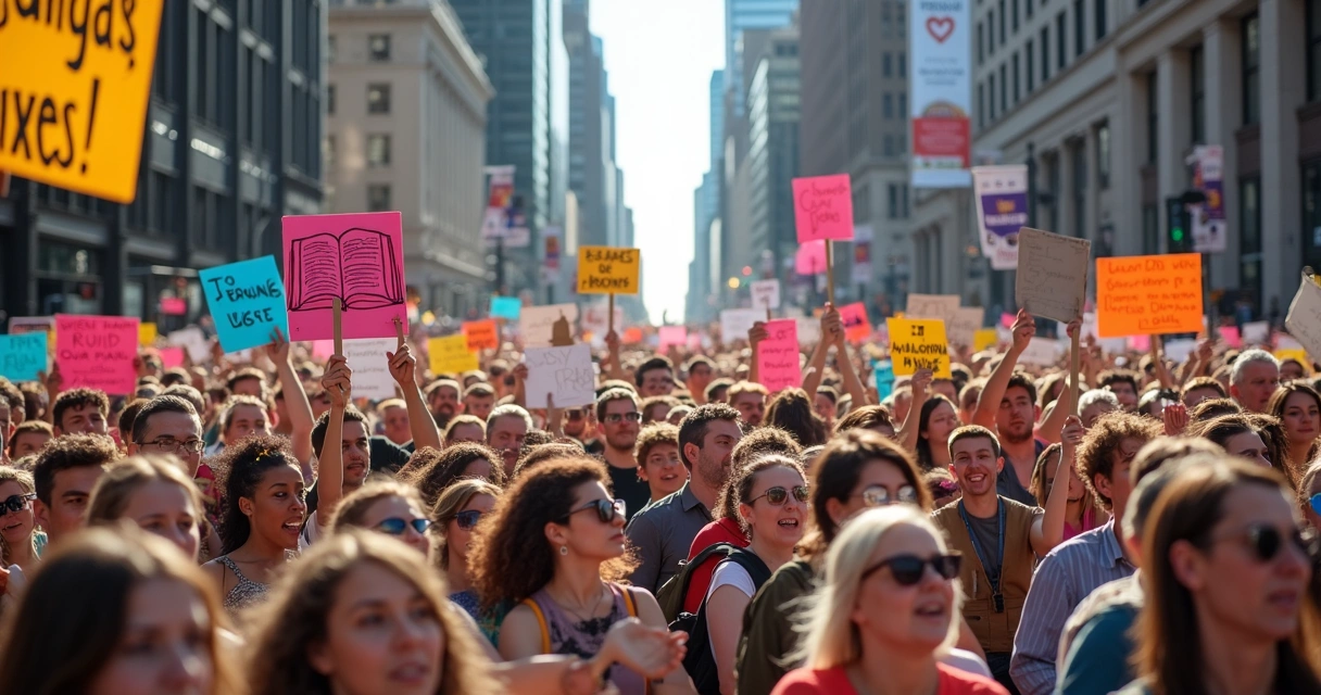 Multidão diversa de pessoas segurando símbolos e placas coloridas