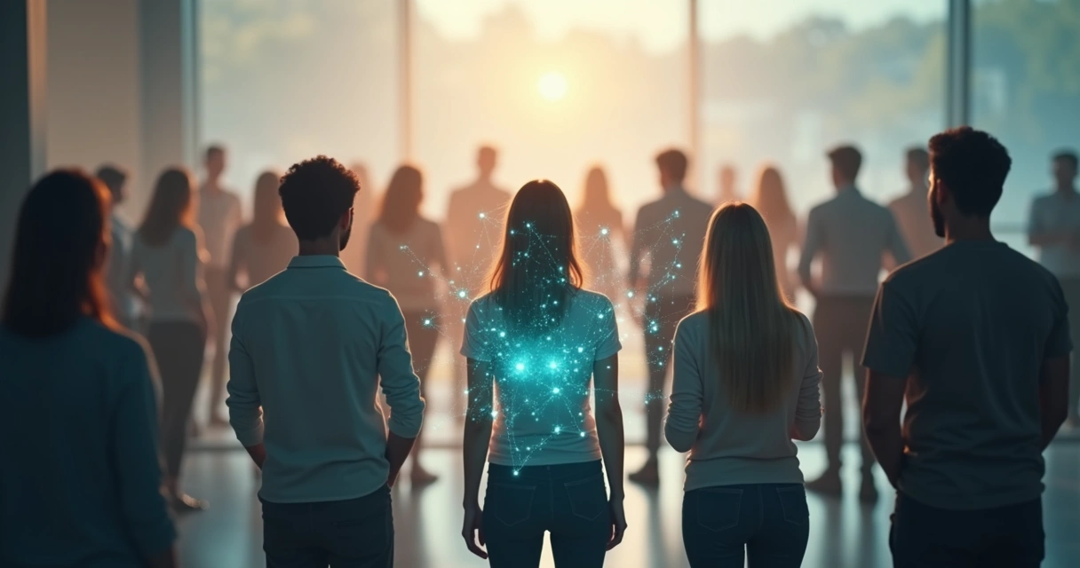 Grupo de pessoas interligadas por linhas luminosas representando emoções coletivas 