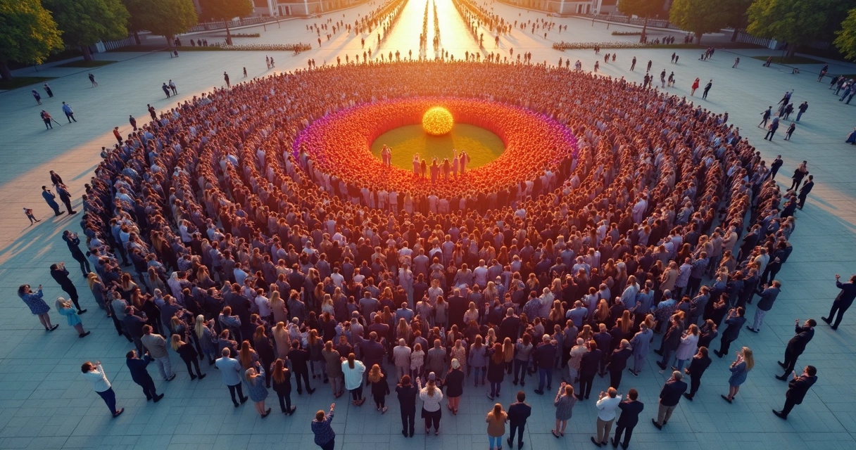 Multidão em praça vista de cima formando padrão de ondas coloridas 