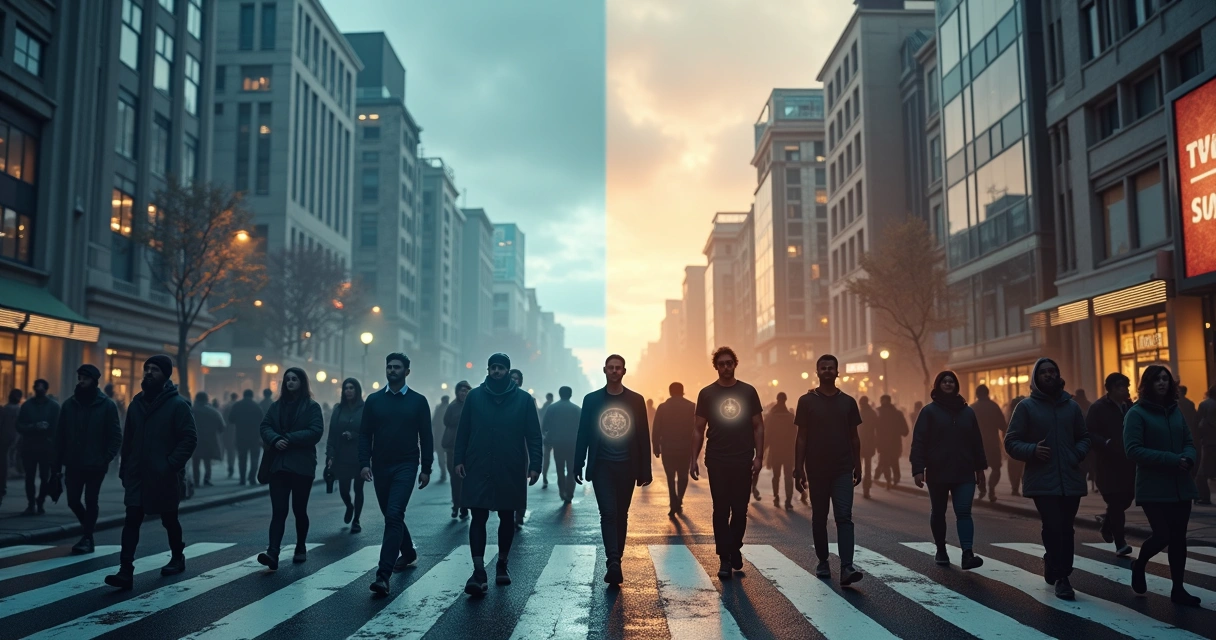 Multidão em cidade dividida entre repressão emocional e expressão saudável 